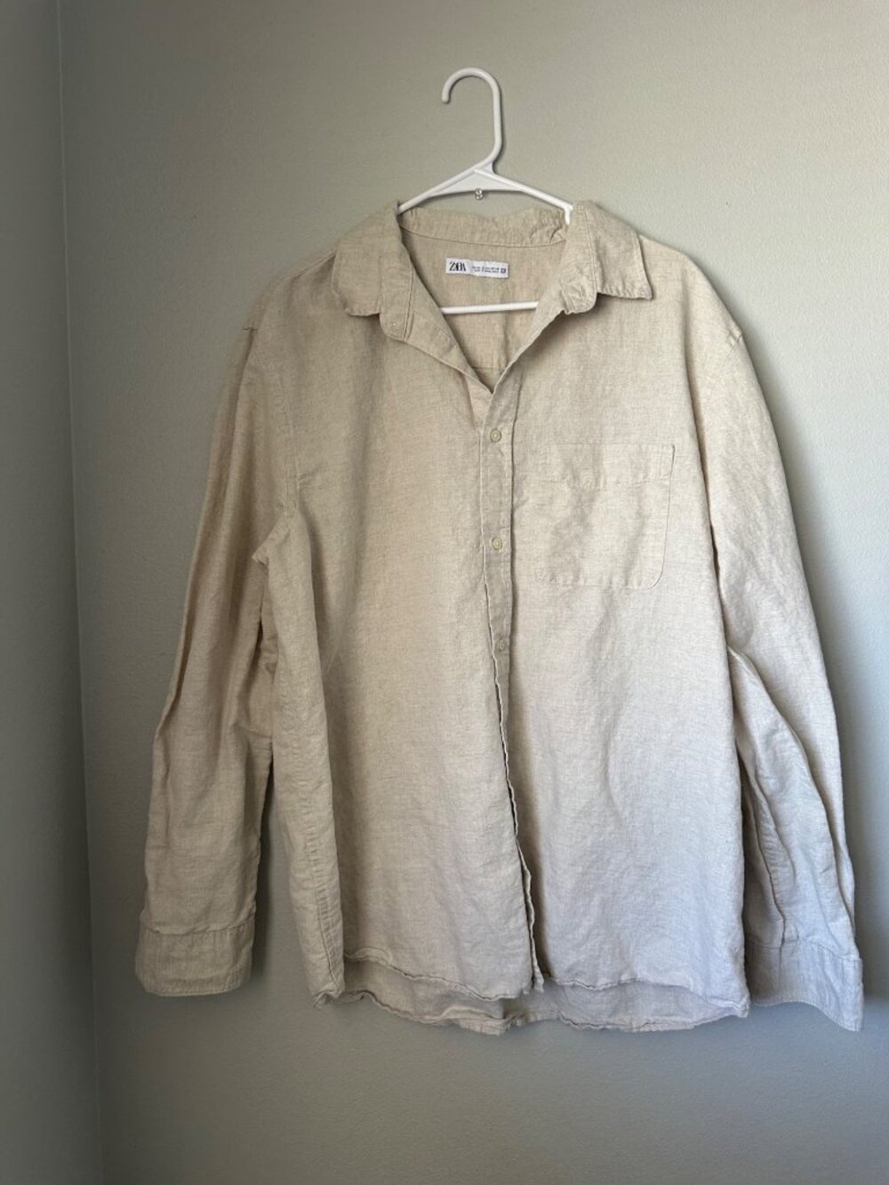 Zara Man Linen Blend Button Down Shirt Lightweight Airy Minimalist Beige 2XL